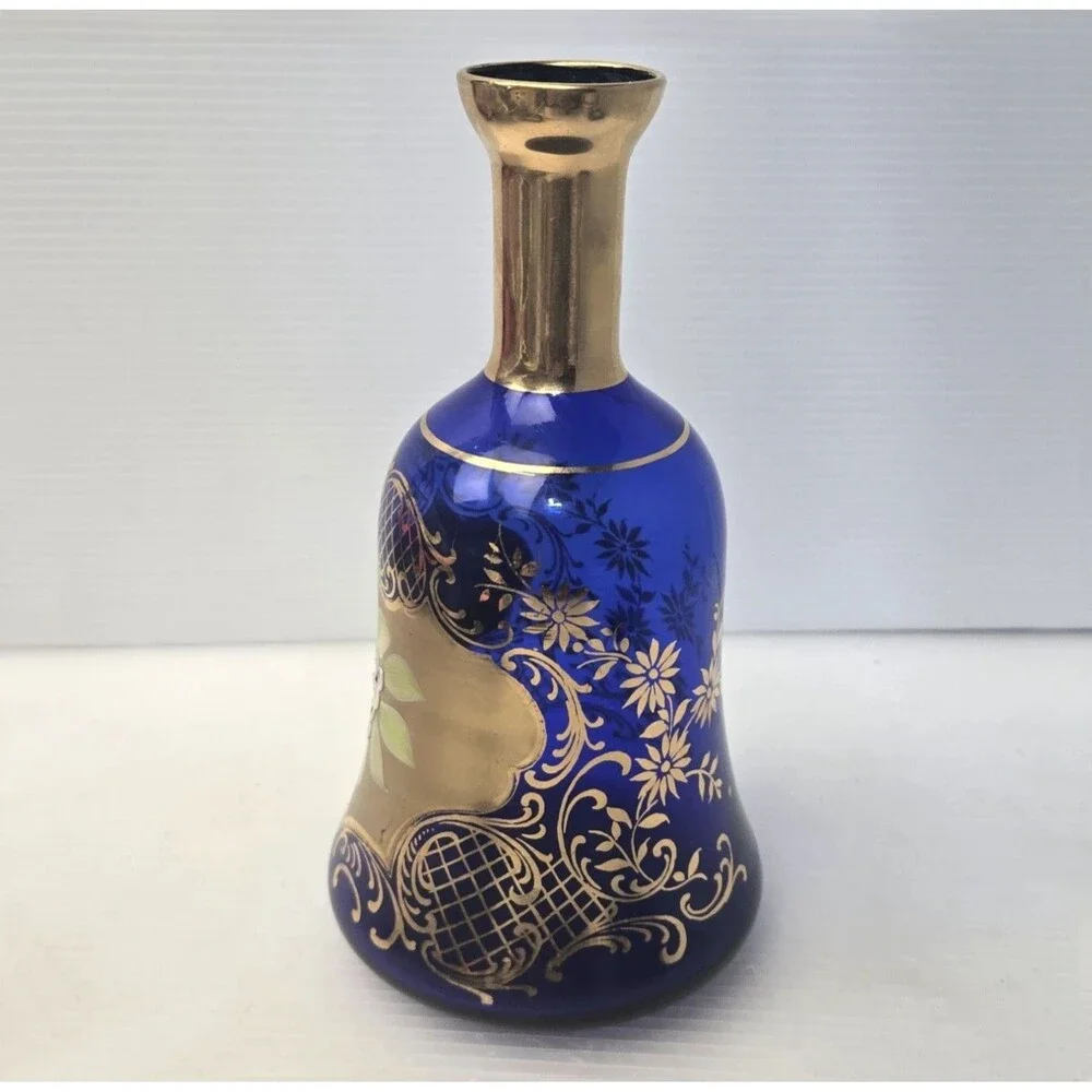Vintage Bohemian Cobalt Blue Glass Vase Gold Gilt Raised Enamel Flowers Moser